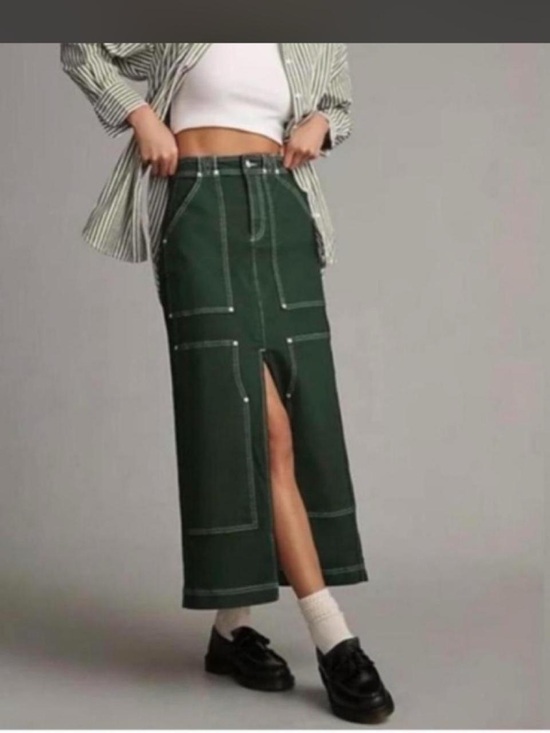Pilcro Dresses & Skirts - Pilcro green denim maxi skirt with slit and pockets. Size: 2 #denim #maxiskirt #